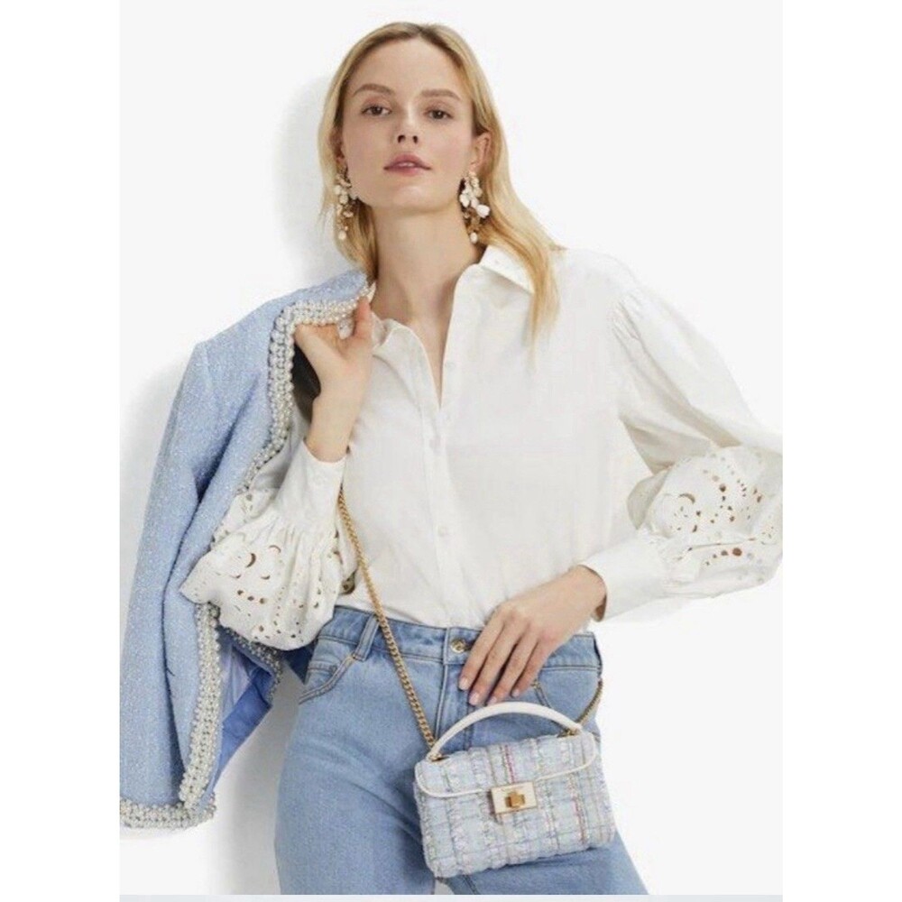 Kate Spade New York Poplin Cutwork Shirt White Button Down Eyelet Sleeve Size 8